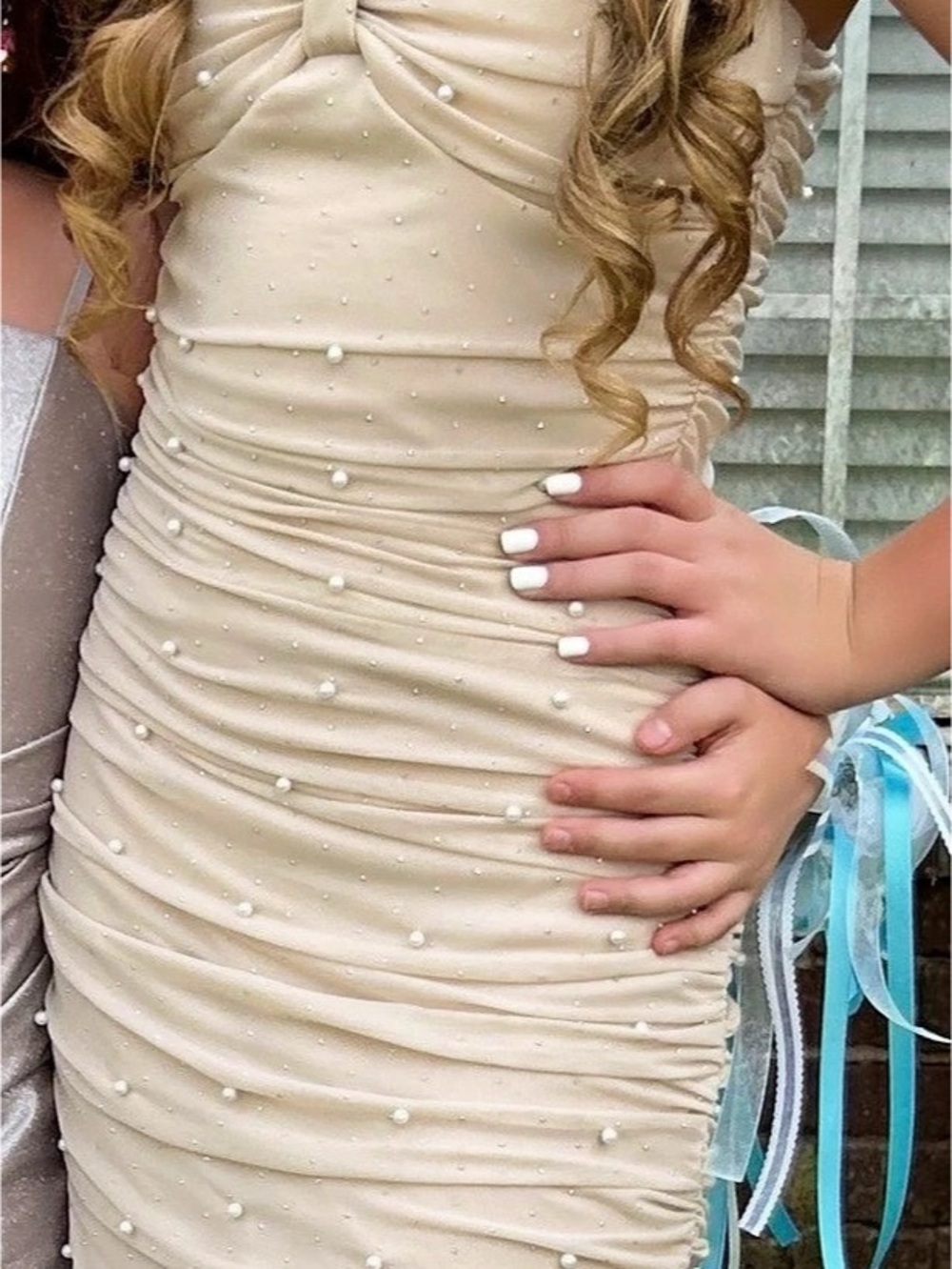 Ruched Embellished Mini Dress in Cream Like New